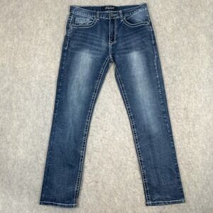 True Luck Mens Jeans 32x32 Straight Leg Blue Denim White Stitching